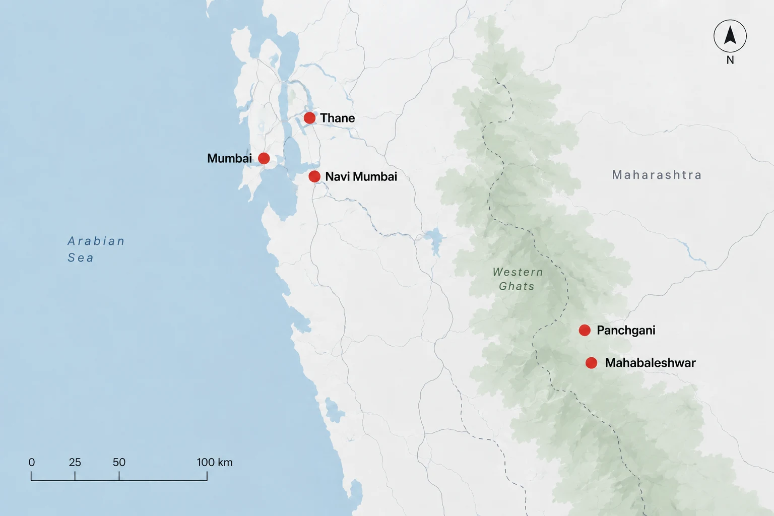 Simplified geography showing Mumbai, Navi Mumbai, Thane, Panchgani and Mahabaleshwar