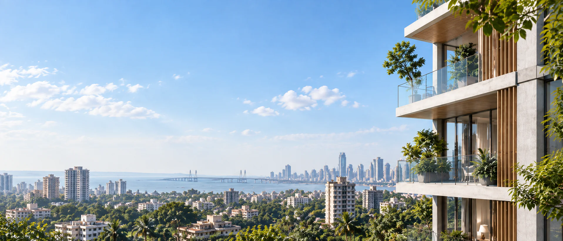Contemporary residential building overlooking a city skyline and water.