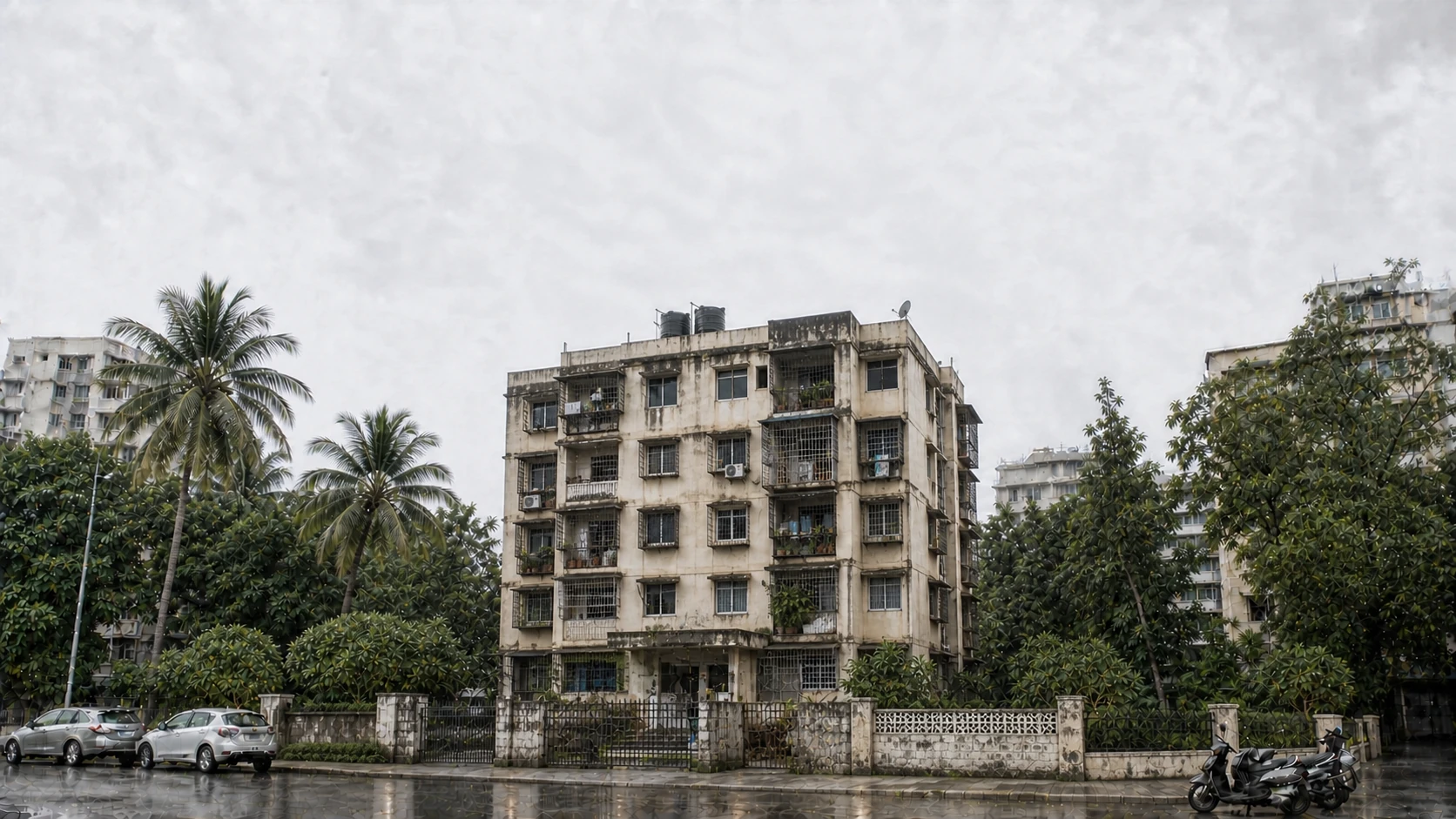Existing cooperative housing society building in Mumbai within its neighbourhood context.