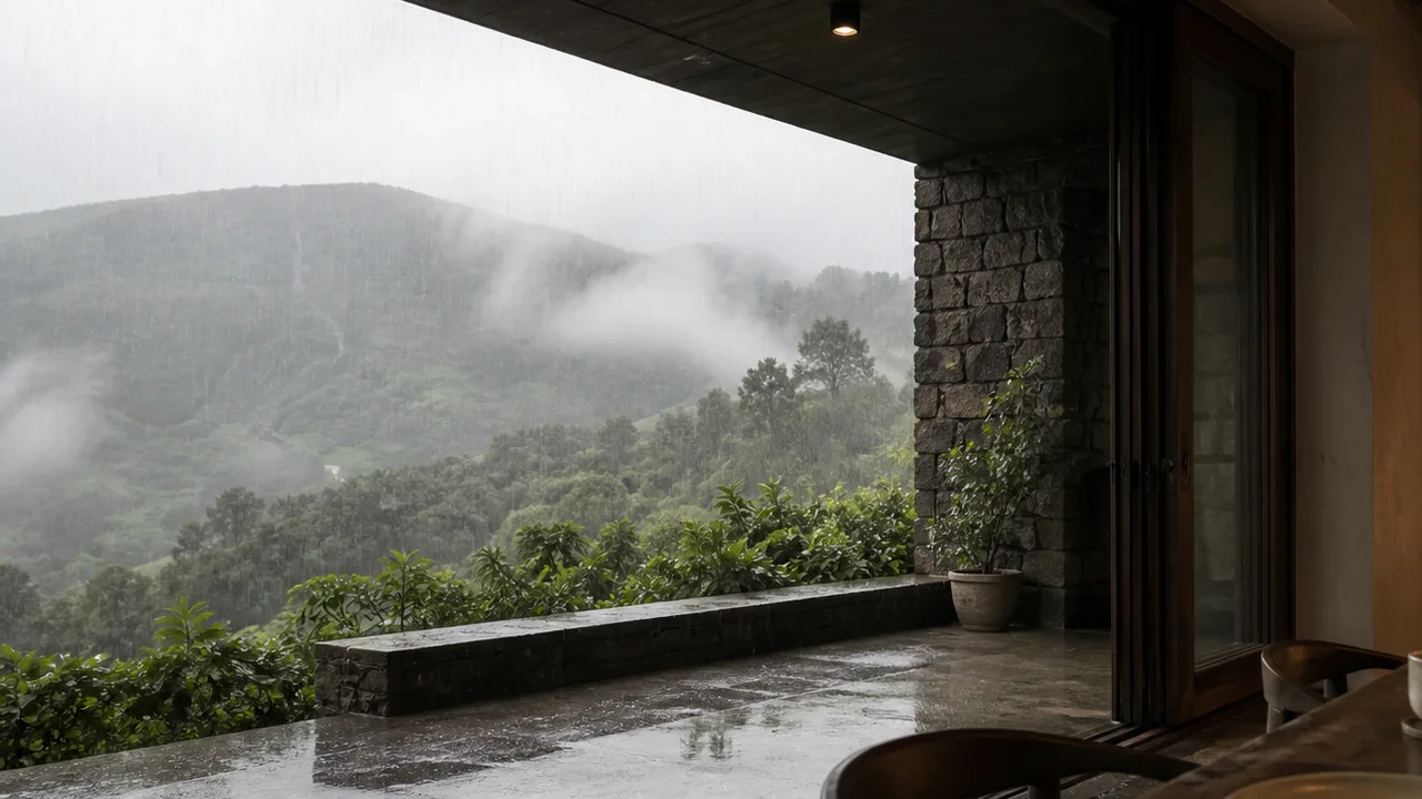 Panchgani hillside in monsoon mist with architecture and dense vegetation.