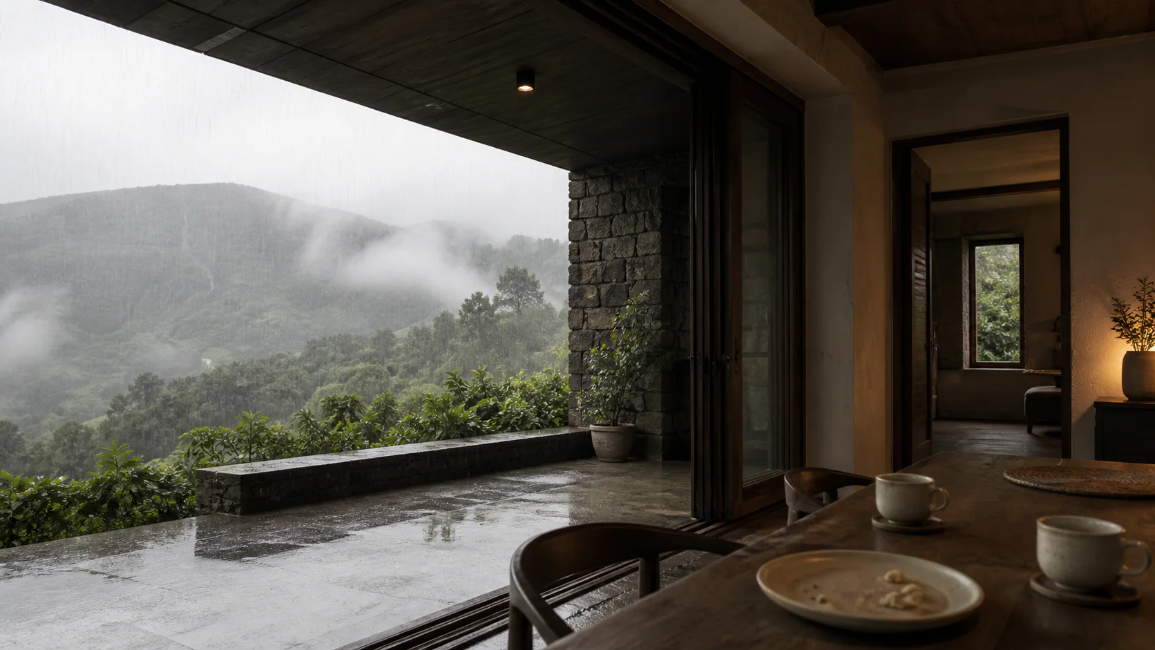 Covered stone veranda overlooking misty Panchgani hills during the monsoon.